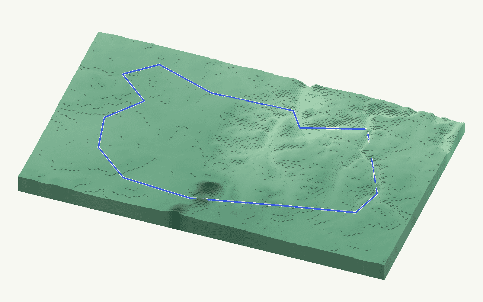 Alameda rendered as a stacked-terrace terrain model from open elevation data, viewed from the south at 15 m steps, with the municipal boundary in cobalt