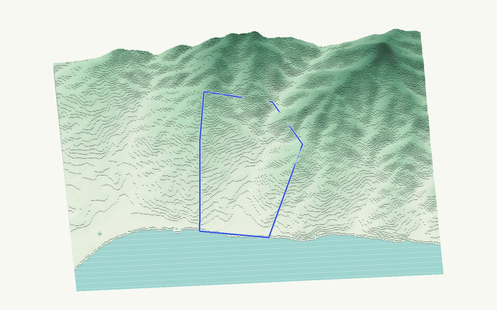 Algarrobo rendered as a stacked-terrace terrain model from open elevation data, viewed from the south at 10 m steps, with the municipal boundary in cobalt