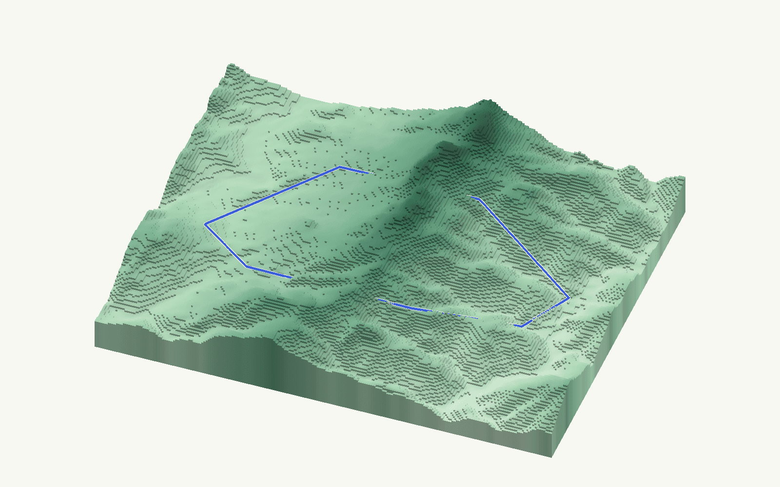 Algatocín rendered as a stacked-terrace terrain model from open elevation data, viewed from the south at 25 m steps, with the municipal boundary in cobalt