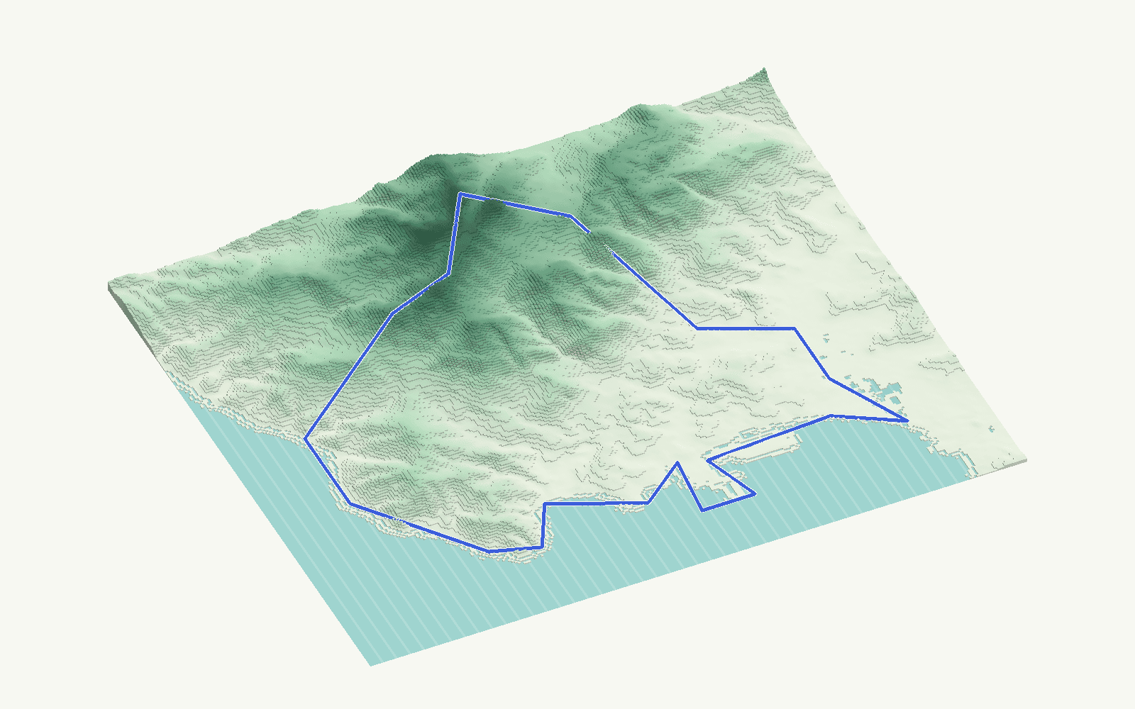 Algeciras rendered as a stacked-terrace terrain model from open elevation data, viewed from the south-east at 20 m steps, with the municipal boundary in cobalt
