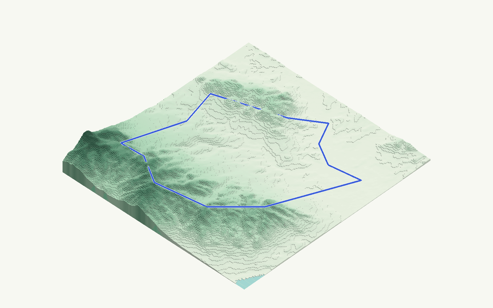 Alhaurín de la Torre rendered as a stacked-terrace terrain model from open elevation data, viewed from the south-east at 20 m steps, with the municipal boundary in cobalt