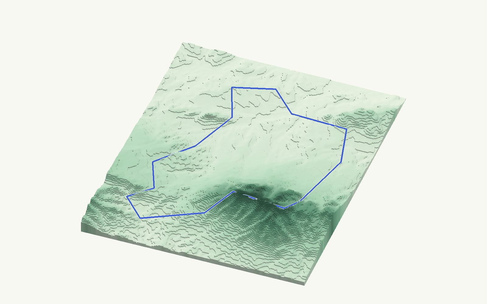 Alhaurín el Grande rendered as a stacked-terrace terrain model from open elevation data, viewed from the south at 30 m steps, with the municipal boundary in cobalt
