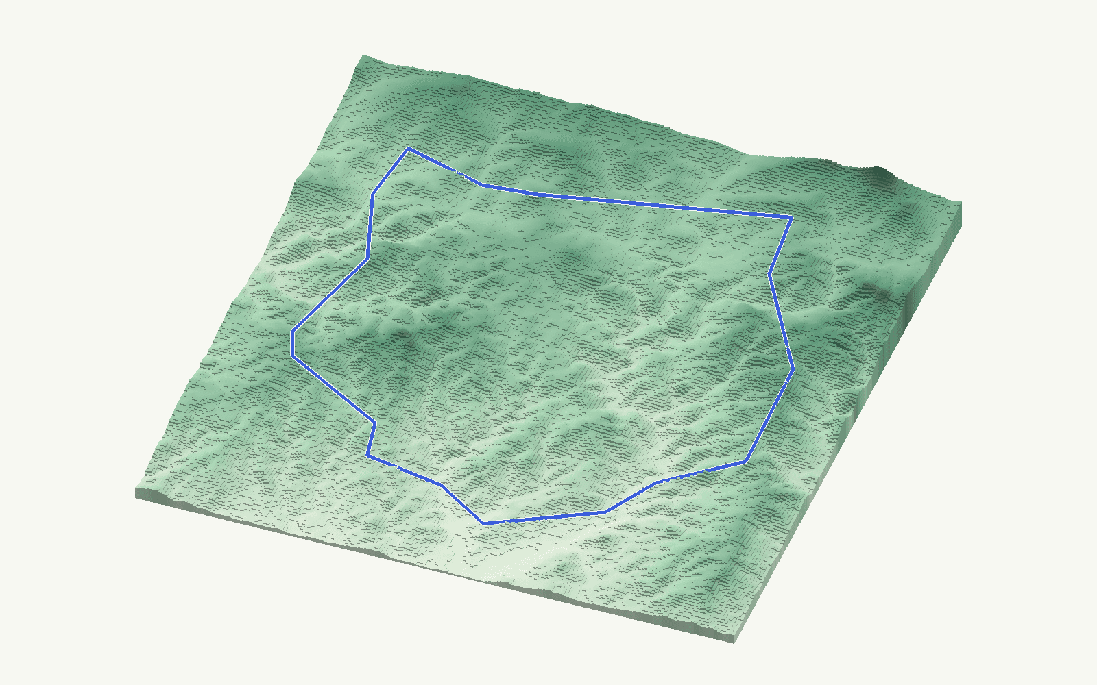 Almogía rendered as a stacked-terrace terrain model from open elevation data, viewed from the south at 20 m steps, with the municipal boundary in cobalt