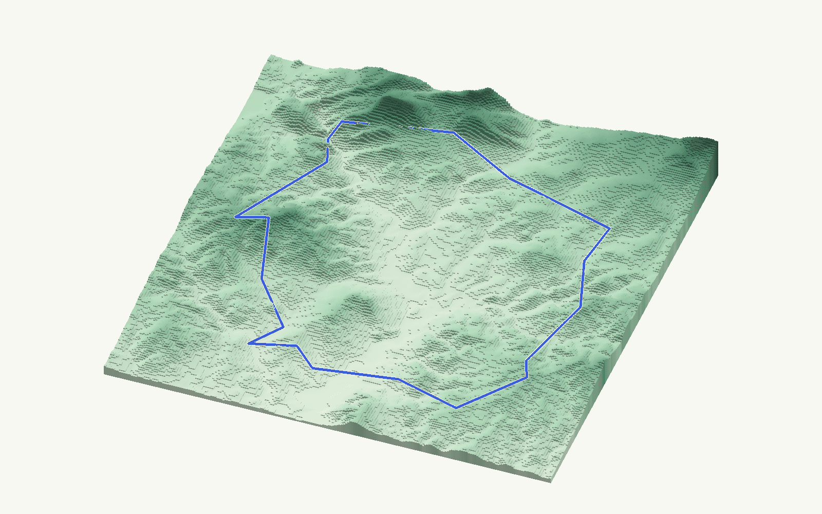 Álora rendered as a stacked-terrace terrain model from open elevation data, viewed from the south at 25 m steps, with the municipal boundary in cobalt