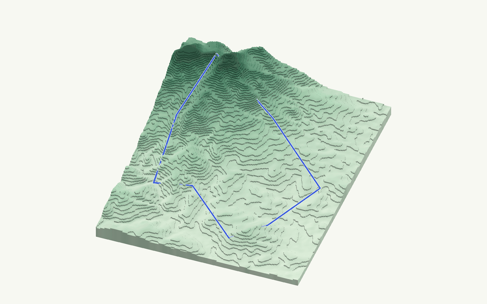 Alozaina rendered as a stacked-terrace terrain model from open elevation data, viewed from the south at 35 m steps, with the municipal boundary in cobalt