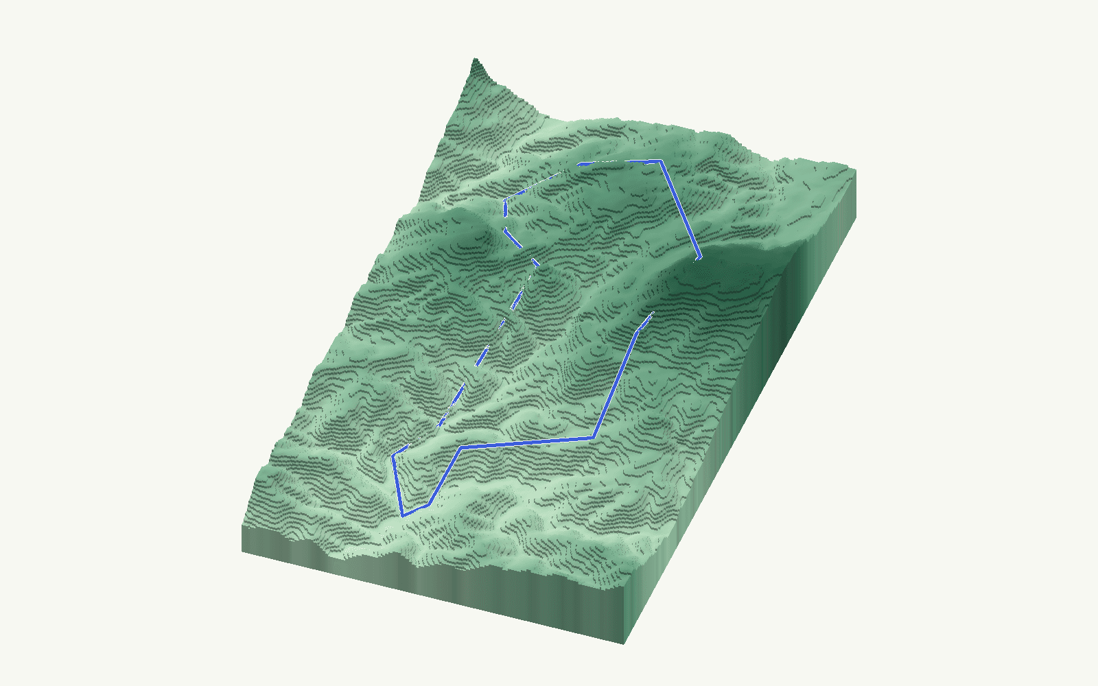 Alpandeire rendered as a stacked-terrace terrain model from open elevation data, viewed from the south at 35 m steps, with the municipal boundary in cobalt