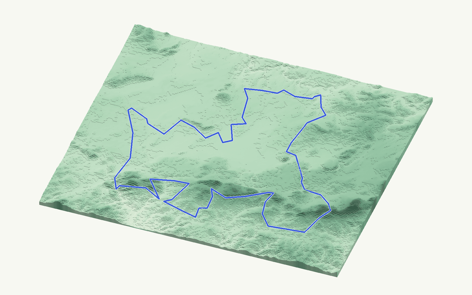 Antequera rendered as a stacked-terrace terrain model from open elevation data, viewed from the south at 35 m steps, with the municipal boundary in cobalt