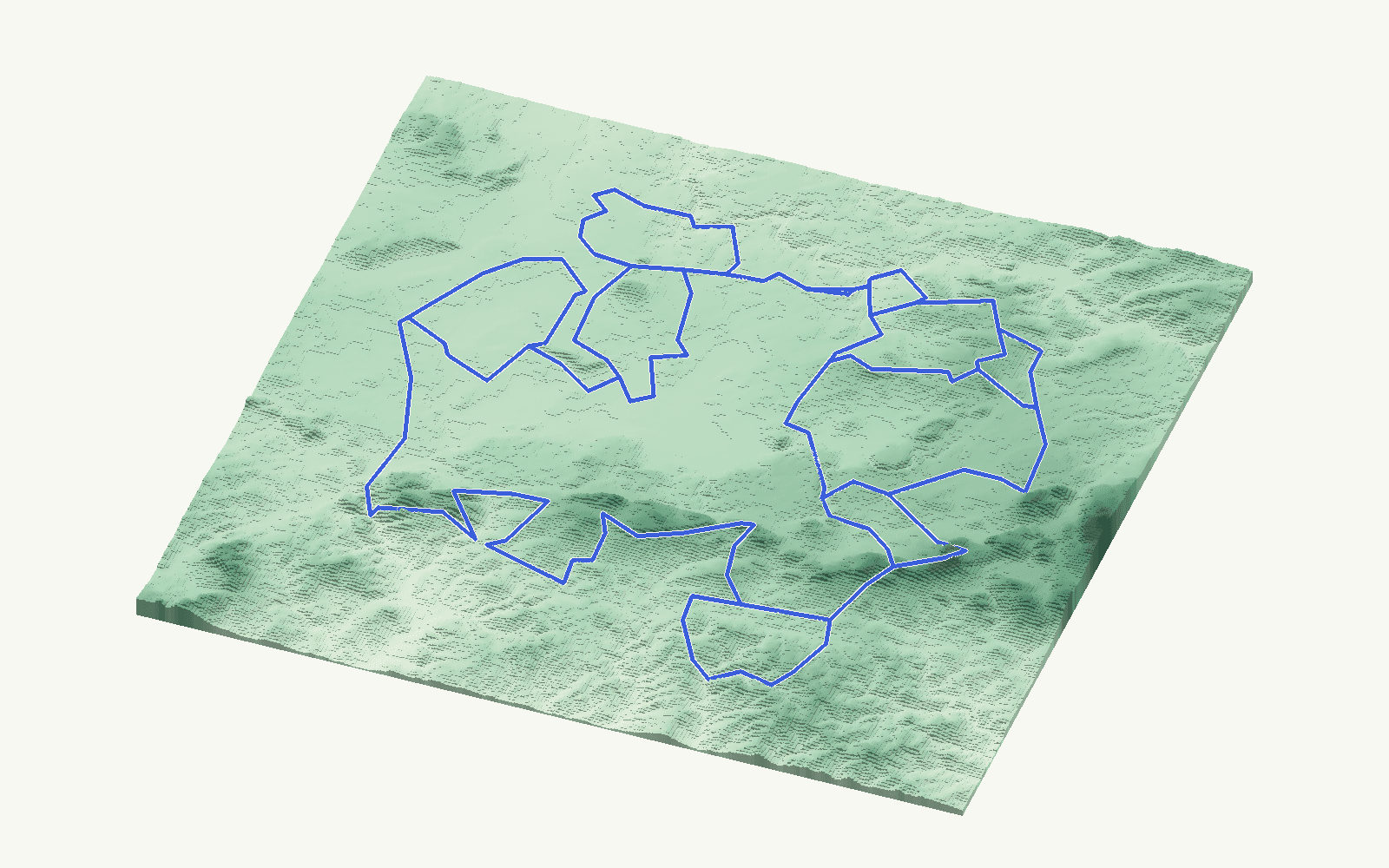 Antequera and the interior rendered as a stacked-terrace terrain model from open elevation data, viewed from the south at 35 m steps, with the municipal boundary in cobalt
