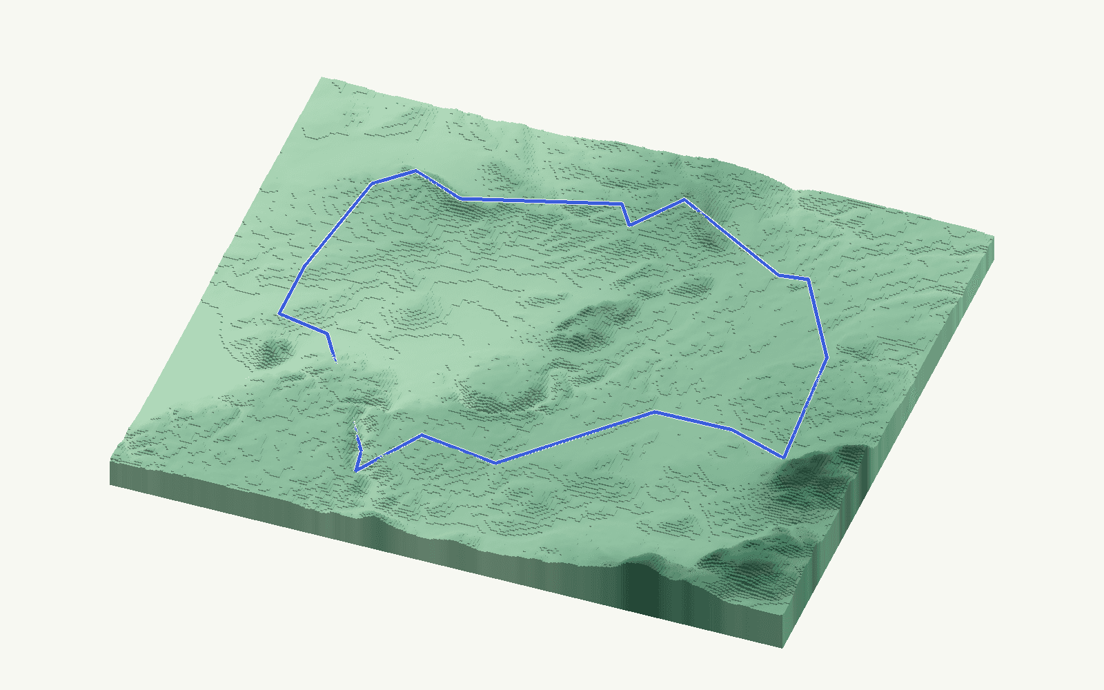 Archidona rendered as a stacked-terrace terrain model from open elevation data, viewed from the south at 25 m steps, with the municipal boundary in cobalt