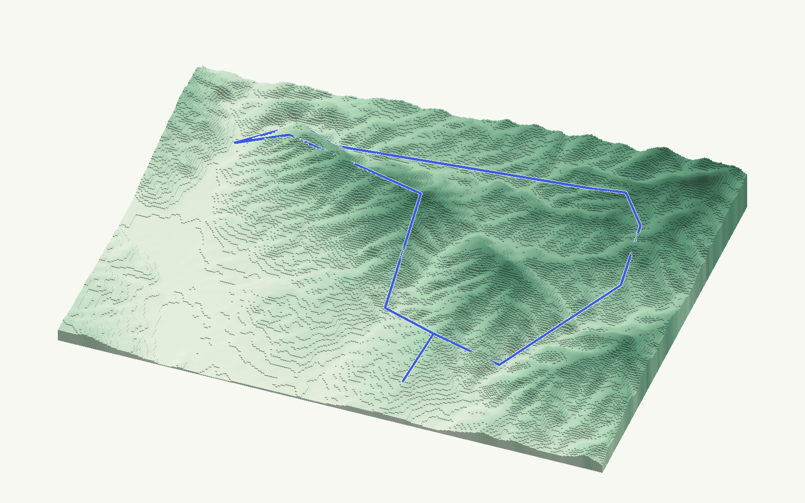 Arenas rendered as a stacked-terrace terrain model from open elevation data, viewed from the south at 15 m steps, with the municipal boundary in cobalt