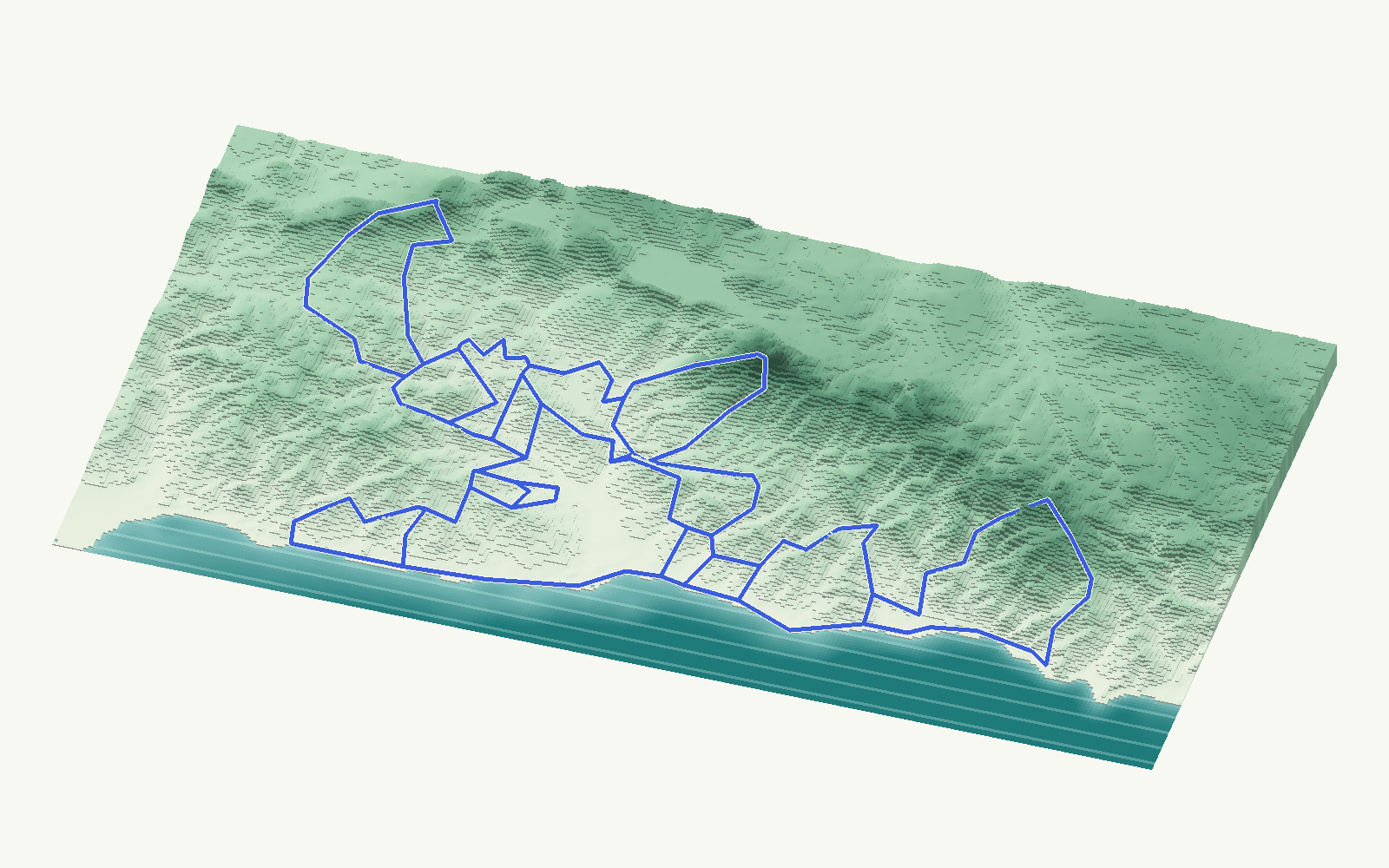 La Axarquía and Costa del Sol East rendered as a stacked-terrace terrain model from open elevation data, viewed from the south at 50 m steps, with the municipal boundary in cobalt