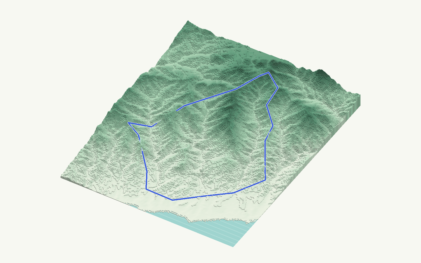 Benahavís rendered as a stacked-terrace terrain model from open elevation data, viewed from the south-east at 35 m steps, with the municipal boundary in cobalt