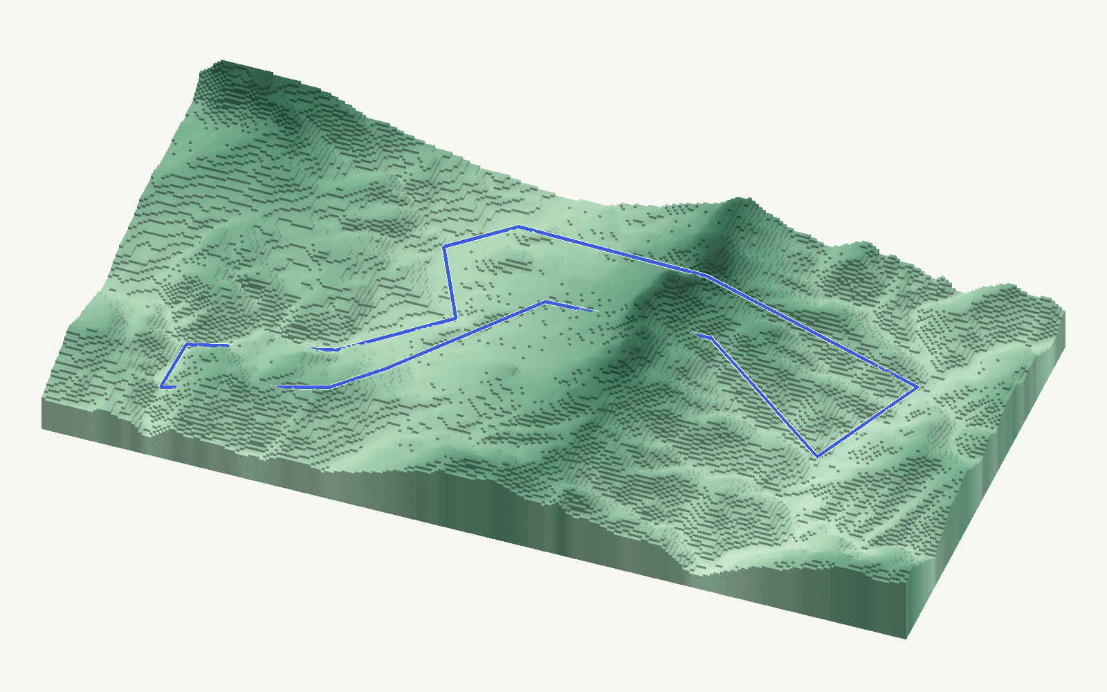 Benalauría rendered as a stacked-terrace terrain model from open elevation data, viewed from the south at 30 m steps, with the municipal boundary in cobalt