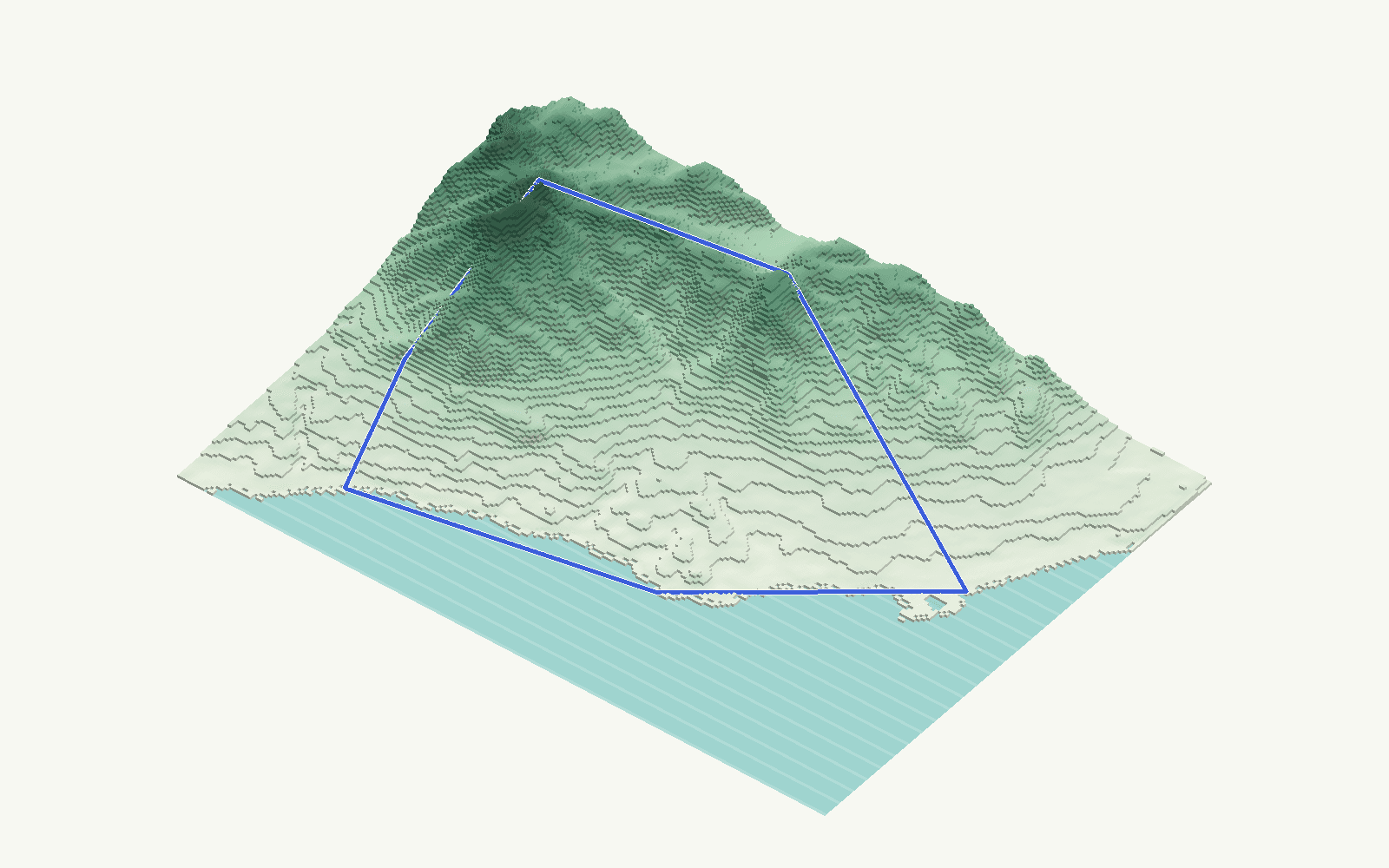 Benalmádena rendered as a stacked-terrace terrain model from open elevation data, viewed from the south-east at 25 m steps, with the municipal boundary in cobalt