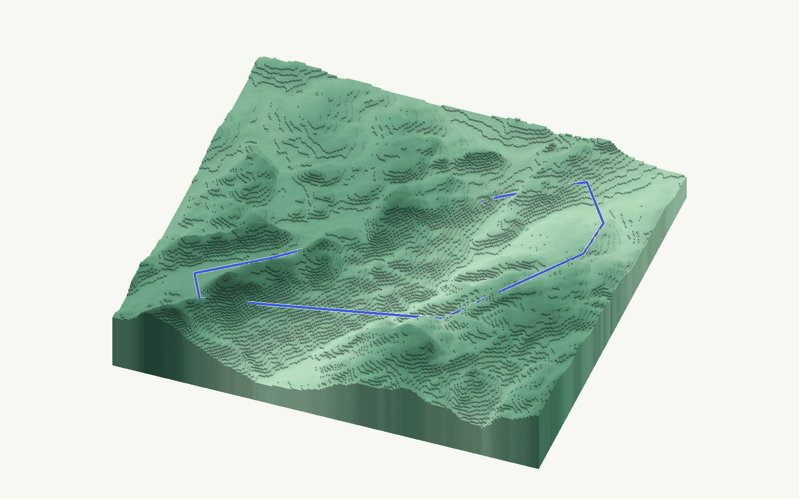Benaoján rendered as a stacked-terrace terrain model from open elevation data, viewed from the south at 35 m steps, with the municipal boundary in cobalt