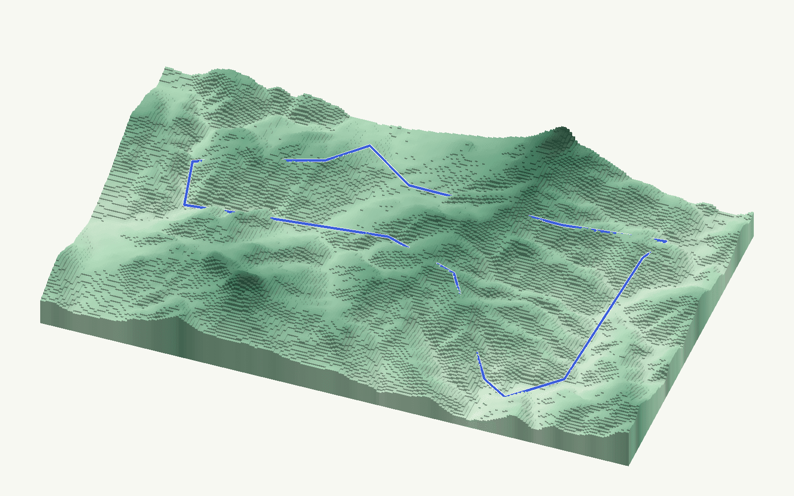Benarrabá rendered as a stacked-terrace terrain model from open elevation data, viewed from the south at 20 m steps, with the municipal boundary in cobalt