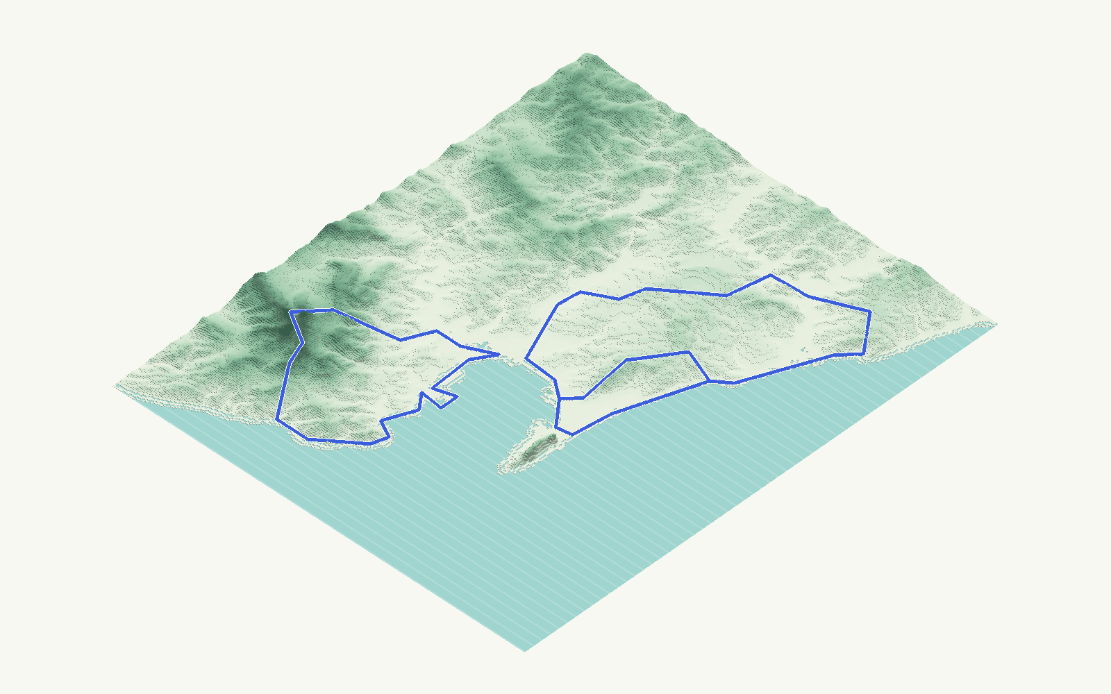 Sotogrande and Campo de Gibraltar rendered as a stacked-terrace terrain model from open elevation data, viewed from the south-east at 20 m steps, with the municipal boundary in cobalt