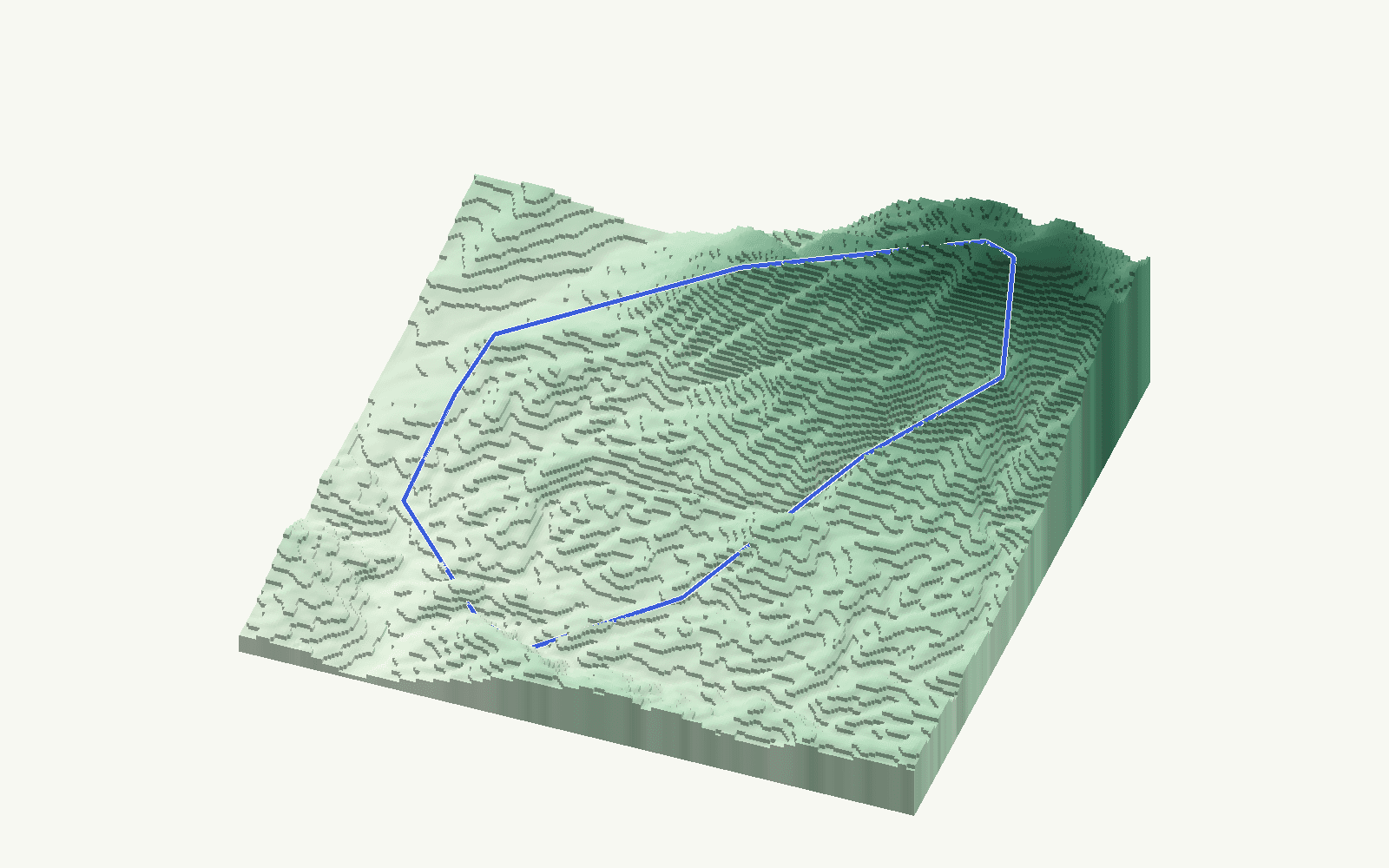 Canillas de Aceituno rendered as a stacked-terrace terrain model from open elevation data, viewed from the south at 50 m steps, with the municipal boundary in cobalt