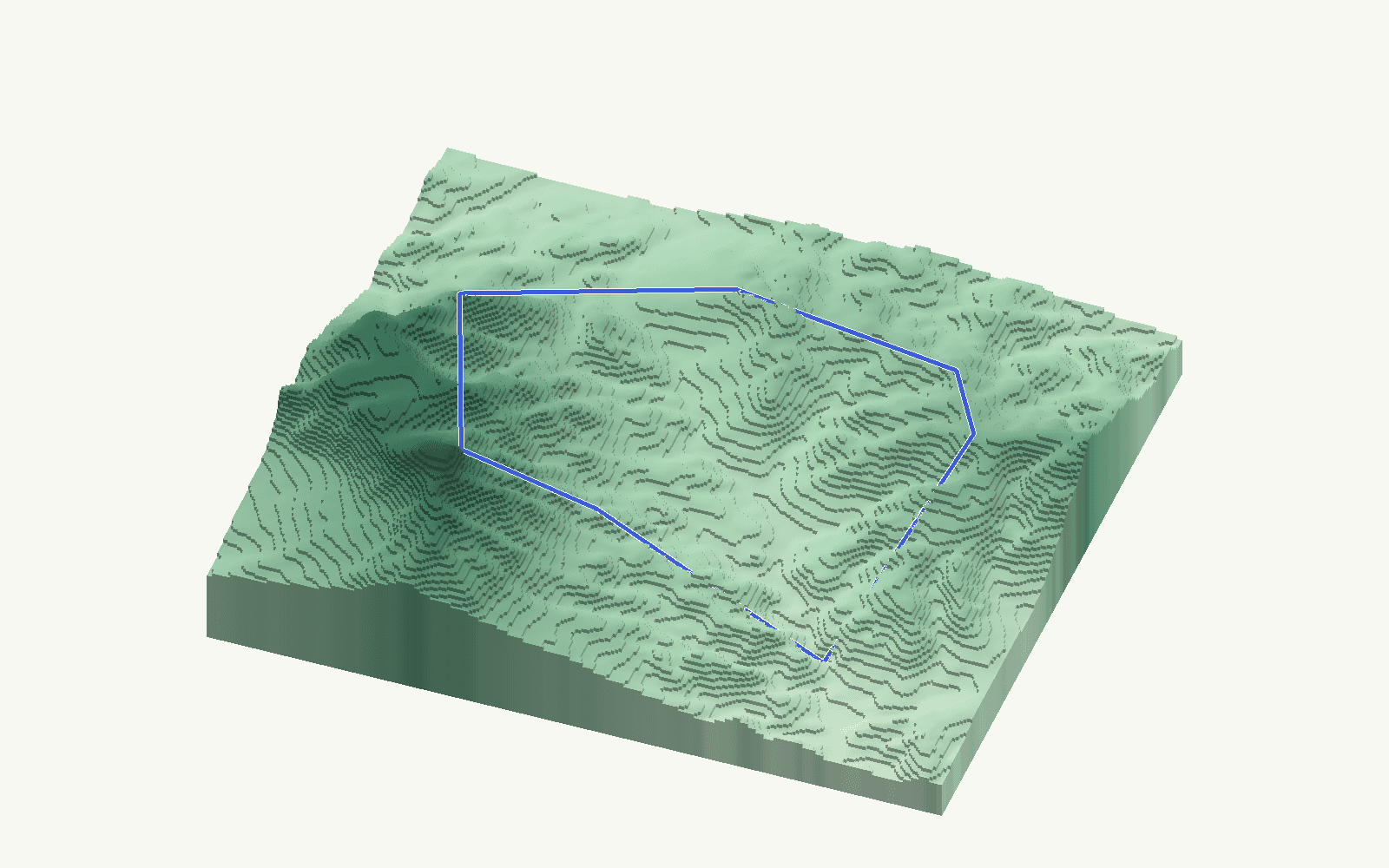Carratraca rendered as a stacked-terrace terrain model from open elevation data, viewed from the south at 30 m steps, with the municipal boundary in cobalt