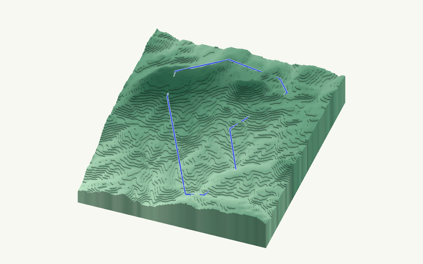 Cartajima rendered as a stacked-terrace terrain model from open elevation data, viewed from the south at 35 m steps, with the municipal boundary in cobalt