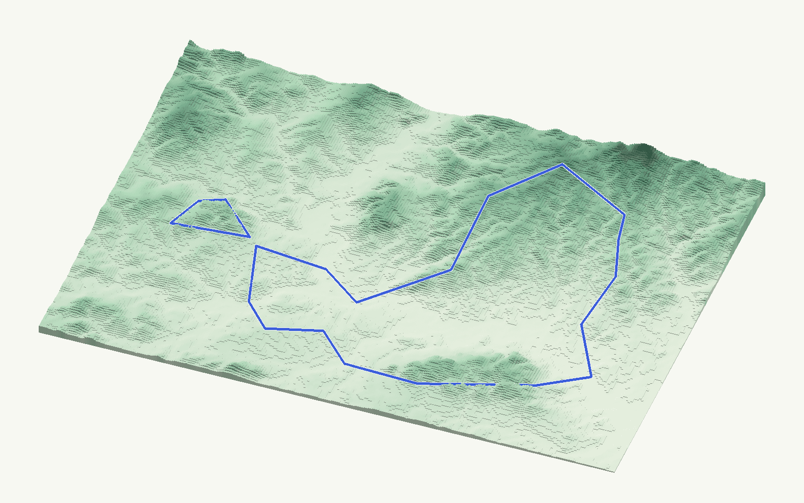 Cártama rendered as a stacked-terrace terrain model from open elevation data, viewed from the south at 15 m steps, with the municipal boundary in cobalt