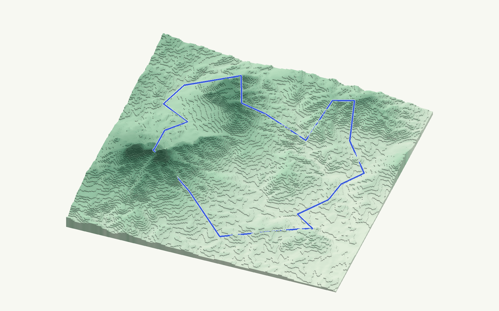 Casarabonela rendered as a stacked-terrace terrain model from open elevation data, viewed from the south at 40 m steps, with the municipal boundary in cobalt