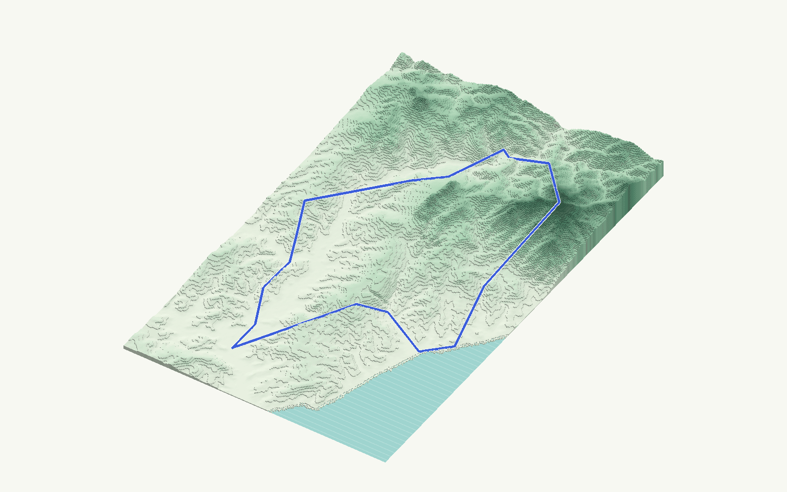 Casares rendered as a stacked-terrace terrain model from open elevation data, viewed from the south-east at 35 m steps, with the municipal boundary in cobalt