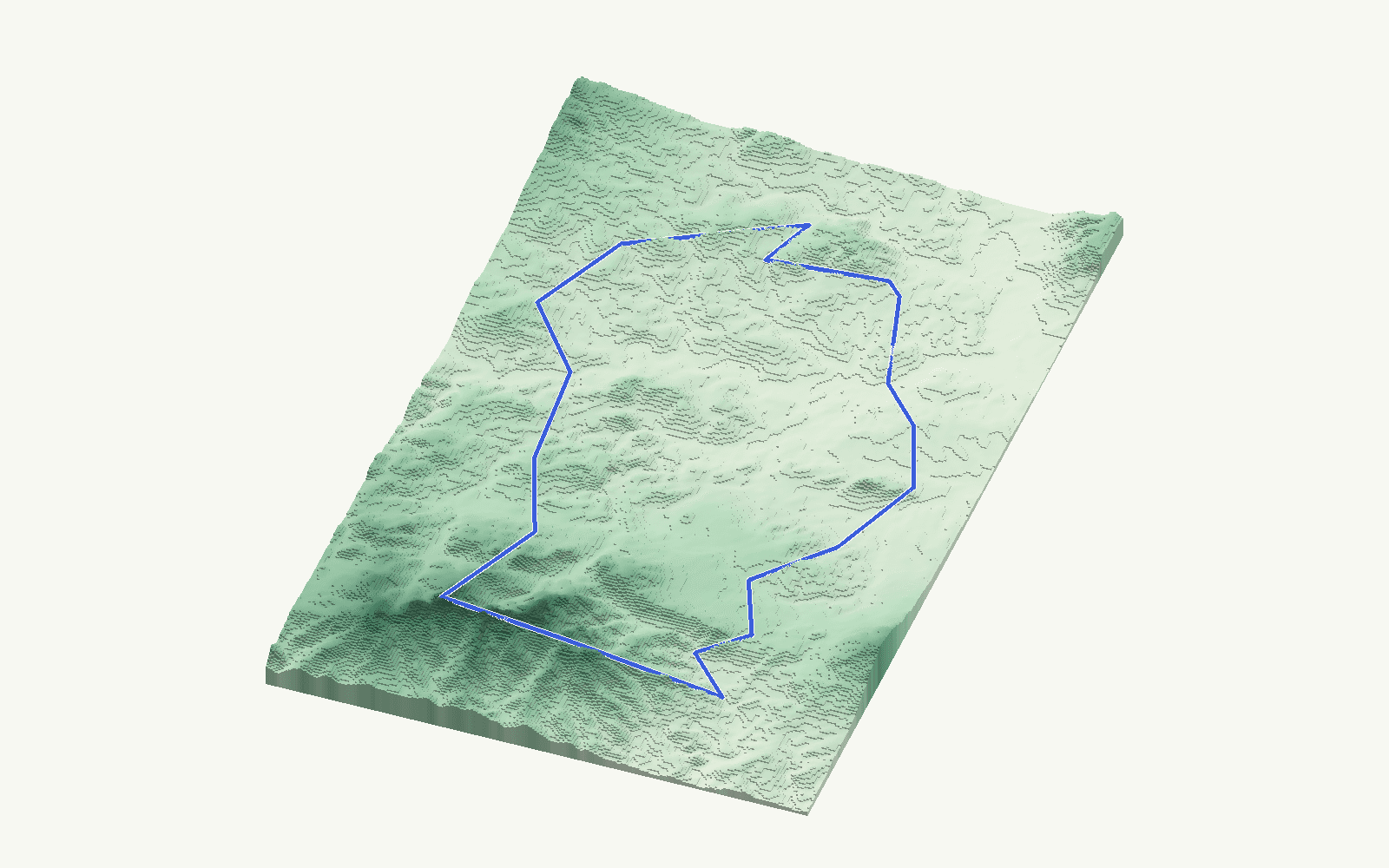 Coín rendered as a stacked-terrace terrain model from open elevation data, viewed from the south at 25 m steps, with the municipal boundary in cobalt