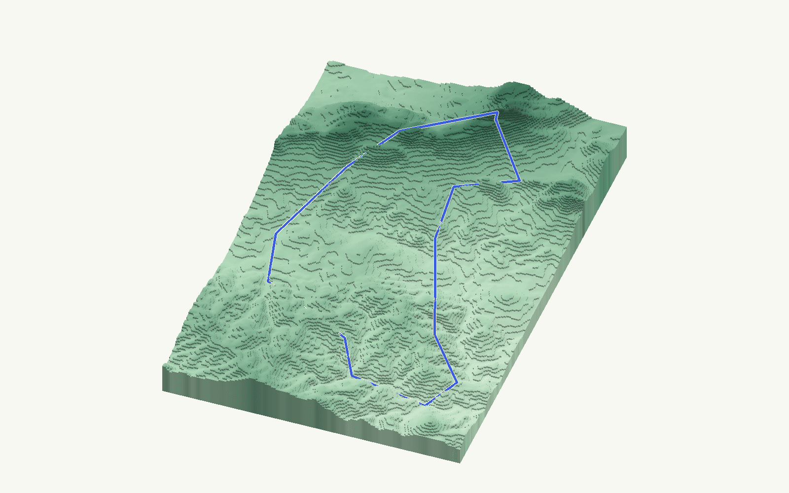 Colmenar rendered as a stacked-terrace terrain model from open elevation data, viewed from the south at 40 m steps, with the municipal boundary in cobalt