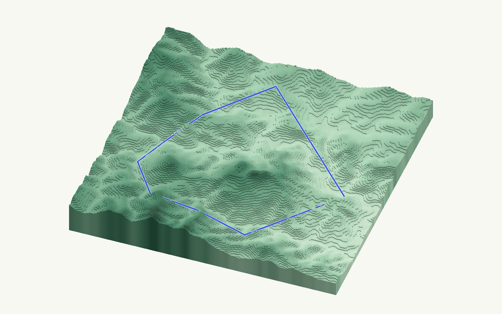 Comares rendered as a stacked-terrace terrain model from open elevation data, viewed from the south at 20 m steps, with the municipal boundary in cobalt