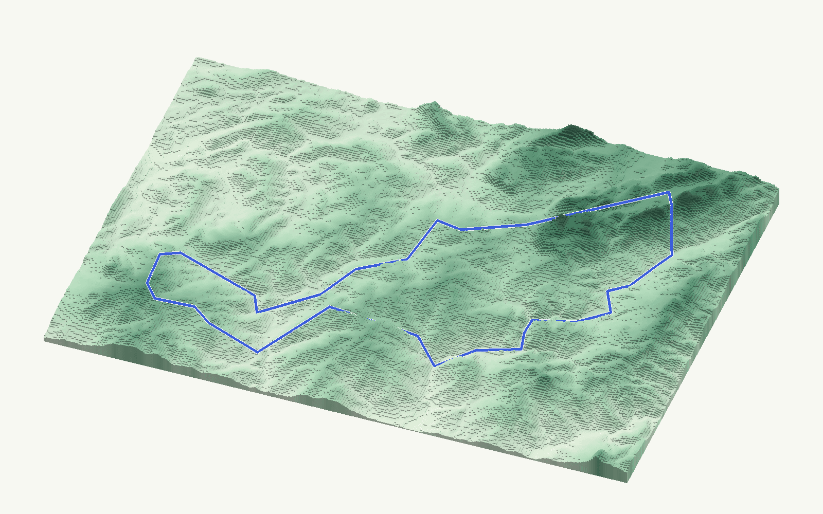 Cortes de la Frontera rendered as a stacked-terrace terrain model from open elevation data, viewed from the south at 35 m steps, with the municipal boundary in cobalt
