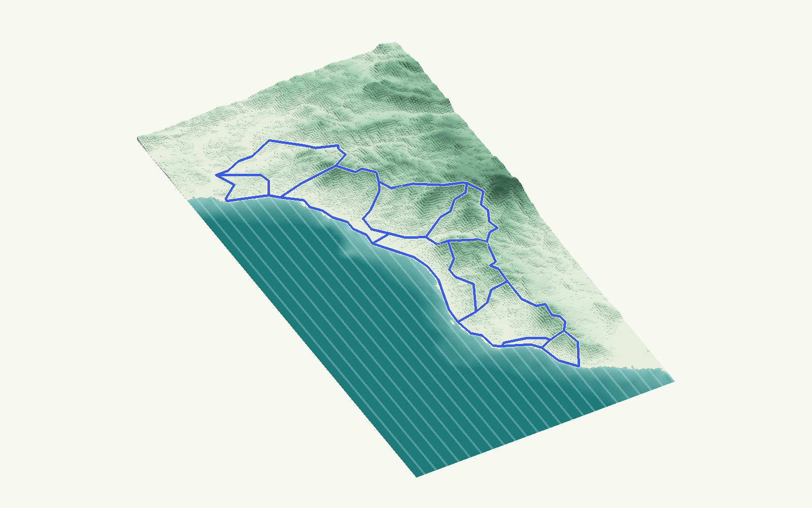 Costa del Sol West rendered as a stacked-terrace terrain model from open elevation data, viewed from the south-east at 35 m steps, with the municipal boundary in cobalt
