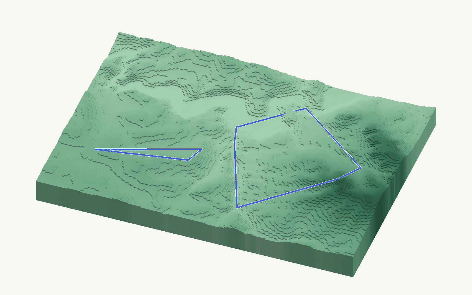 Cuevas Bajas rendered as a stacked-terrace terrain model from open elevation data, viewed from the south at 20 m steps, with the municipal boundary in cobalt