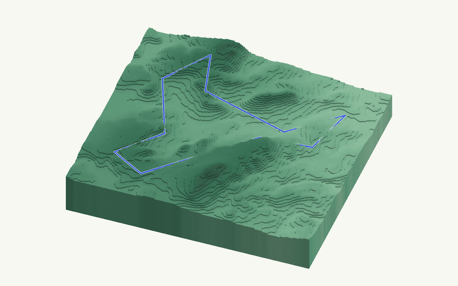 Cuevas del Becerro rendered as a stacked-terrace terrain model from open elevation data, viewed from the south at 25 m steps, with the municipal boundary in cobalt