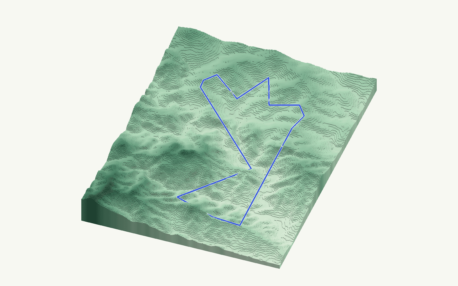 Cútar rendered as a stacked-terrace terrain model from open elevation data, viewed from the south at 15 m steps, with the municipal boundary in cobalt