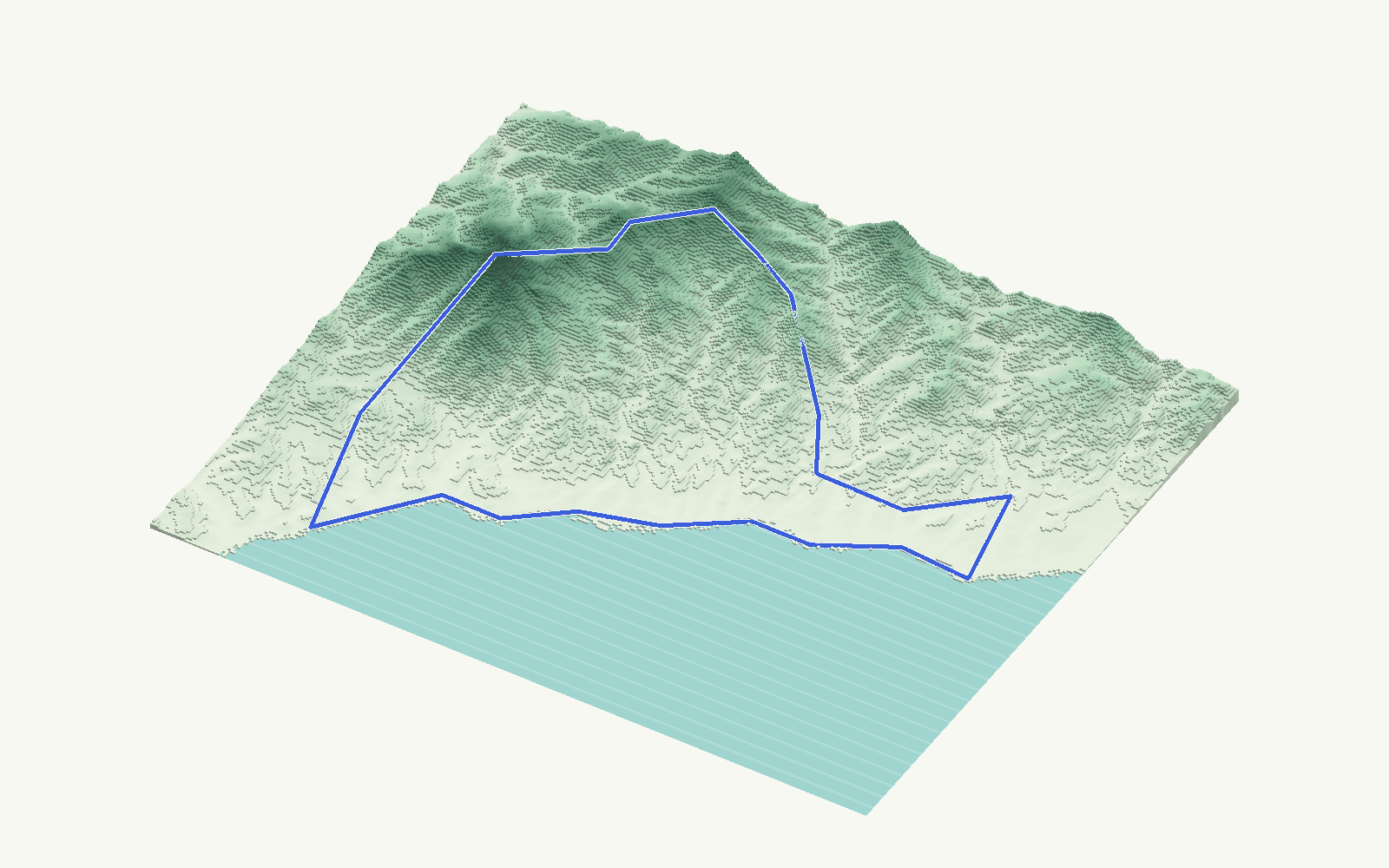 Estepona rendered as a stacked-terrace terrain model from open elevation data, viewed from the south-east at 35 m steps, with the municipal boundary in cobalt