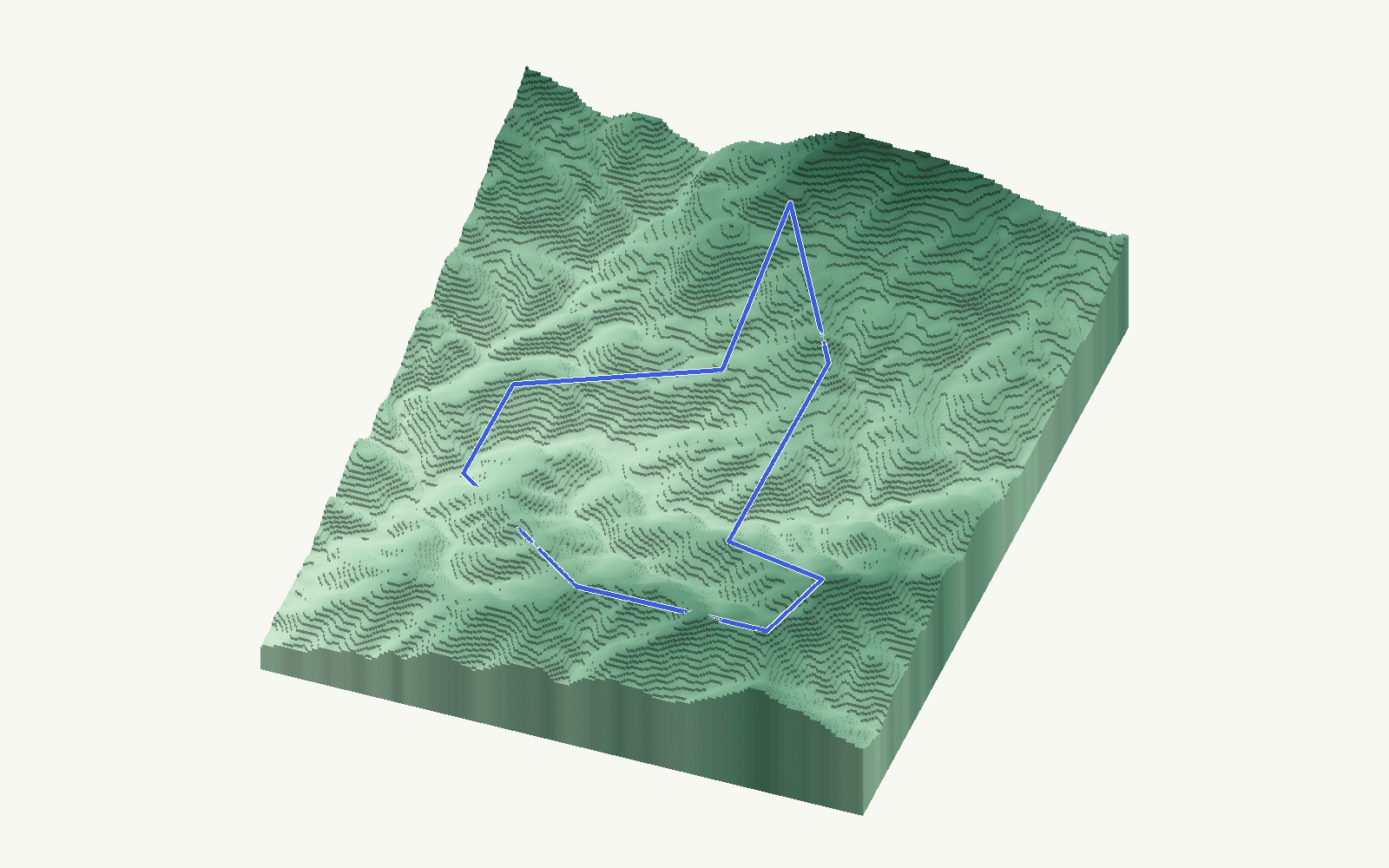 Faraján rendered as a stacked-terrace terrain model from open elevation data, viewed from the south at 30 m steps, with the municipal boundary in cobalt
