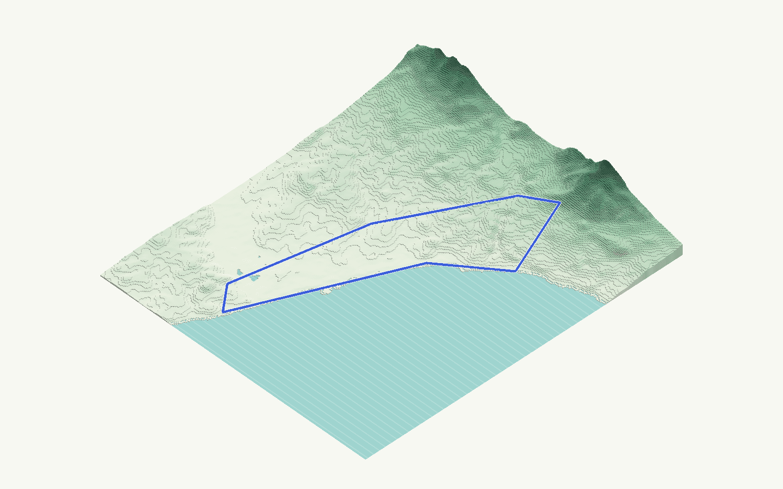 Fuengirola rendered as a stacked-terrace terrain model from open elevation data, viewed from the south-east at 10 m steps, with the municipal boundary in cobalt