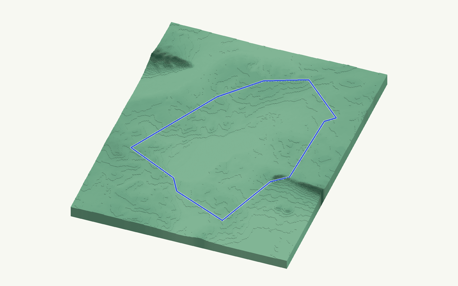 Fuente de Piedra rendered as a stacked-terrace terrain model from open elevation data, viewed from the south at 15 m steps, with the municipal boundary in cobalt