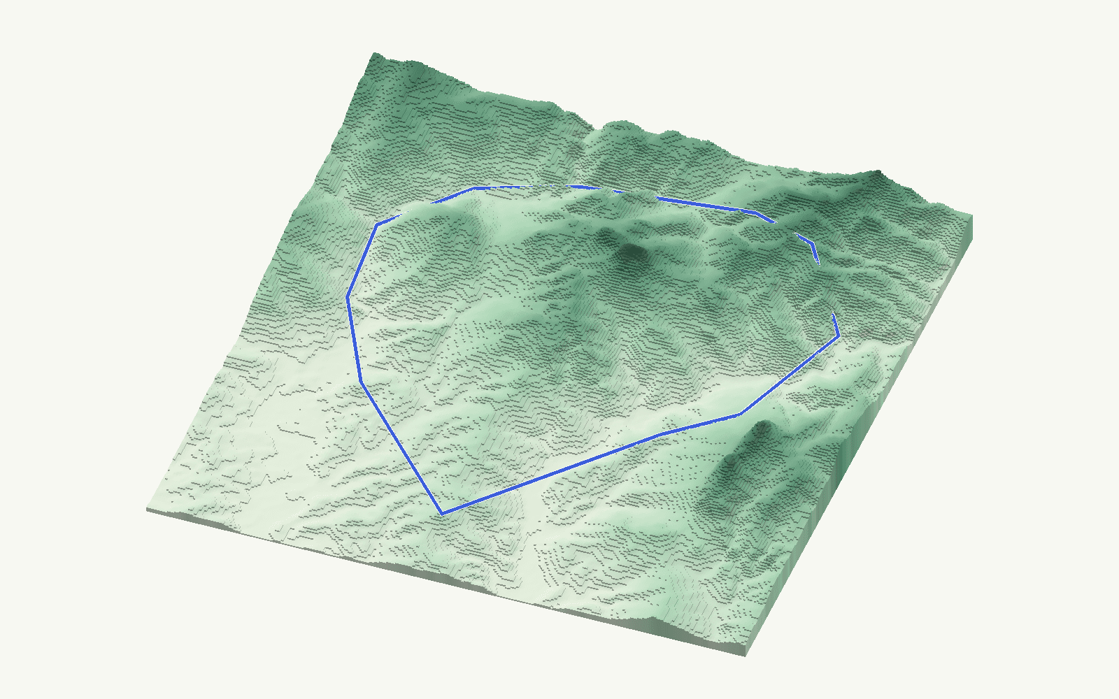 Gaucín rendered as a stacked-terrace terrain model from open elevation data, viewed from the south at 25 m steps, with the municipal boundary in cobalt