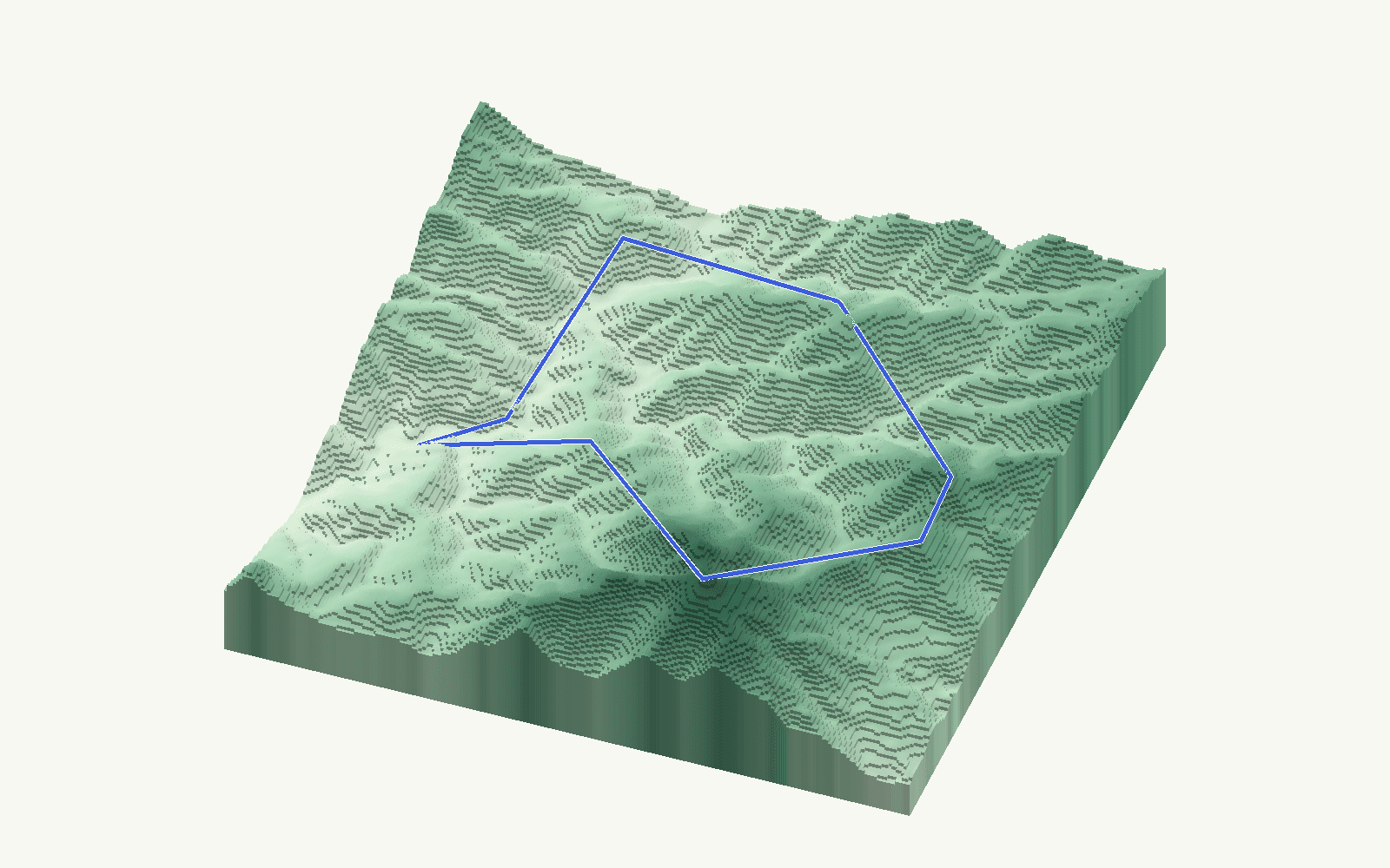 Genalguacil rendered as a stacked-terrace terrain model from open elevation data, viewed from the south at 35 m steps, with the municipal boundary in cobalt