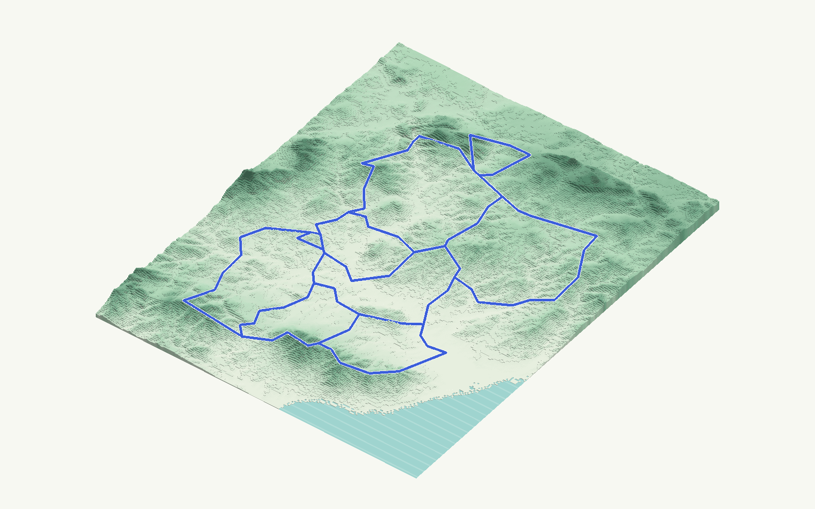 Guadalhorce Valley rendered as a stacked-terrace terrain model from open elevation data, viewed from the south-east at 30 m steps, with the municipal boundary in cobalt