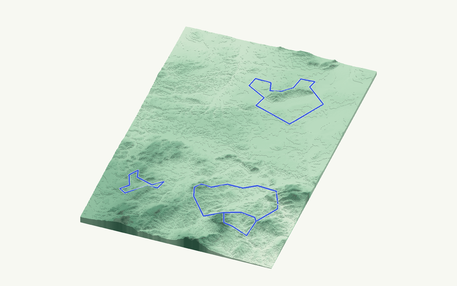 Guadalteba lakes rendered as a stacked-terrace terrain model from open elevation data, viewed from the south at 30 m steps, with the municipal boundary in cobalt