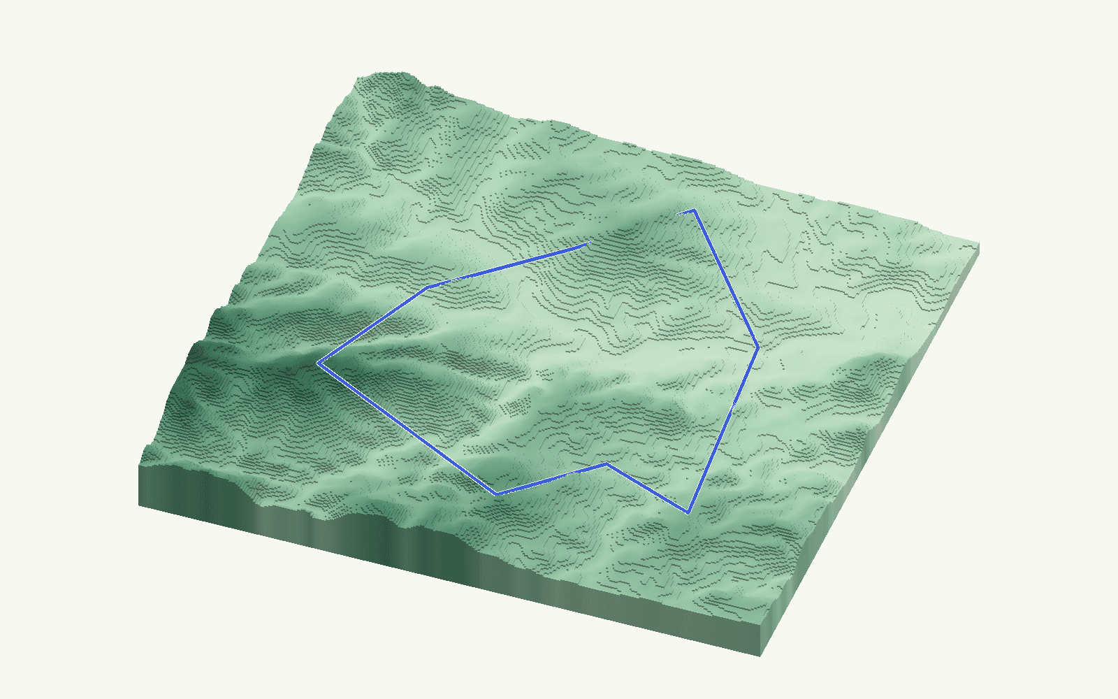 Guaro rendered as a stacked-terrace terrain model from open elevation data, viewed from the south at 15 m steps, with the municipal boundary in cobalt
