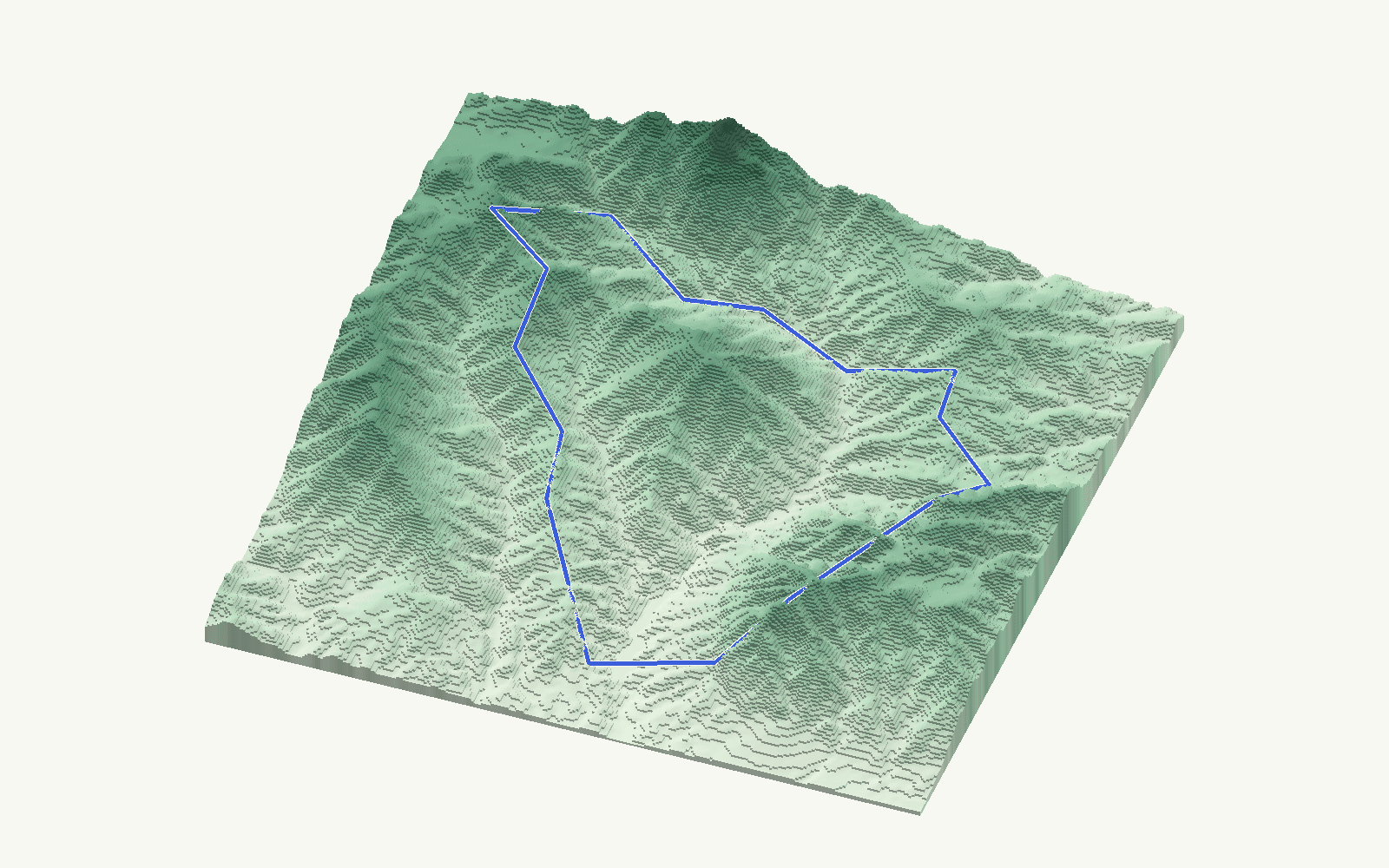 Istán rendered as a stacked-terrace terrain model from open elevation data, viewed from the south at 35 m steps, with the municipal boundary in cobalt