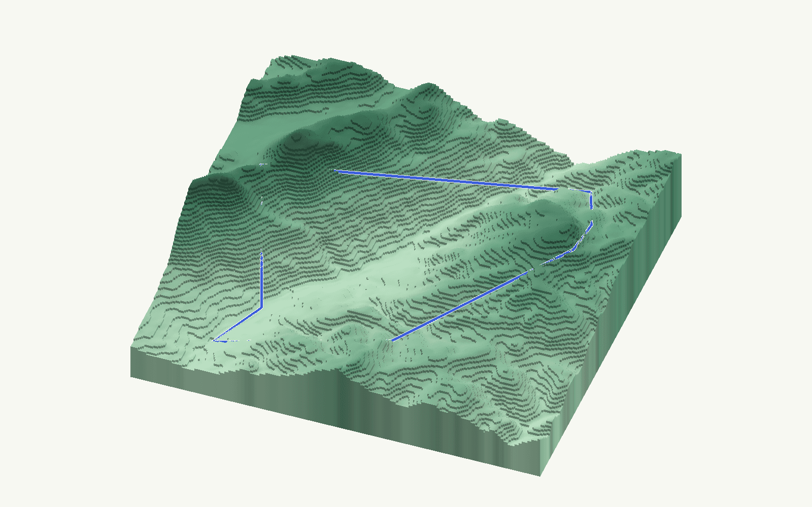 Jimera de Líbar rendered as a stacked-terrace terrain model from open elevation data, viewed from the south at 35 m steps, with the municipal boundary in cobalt