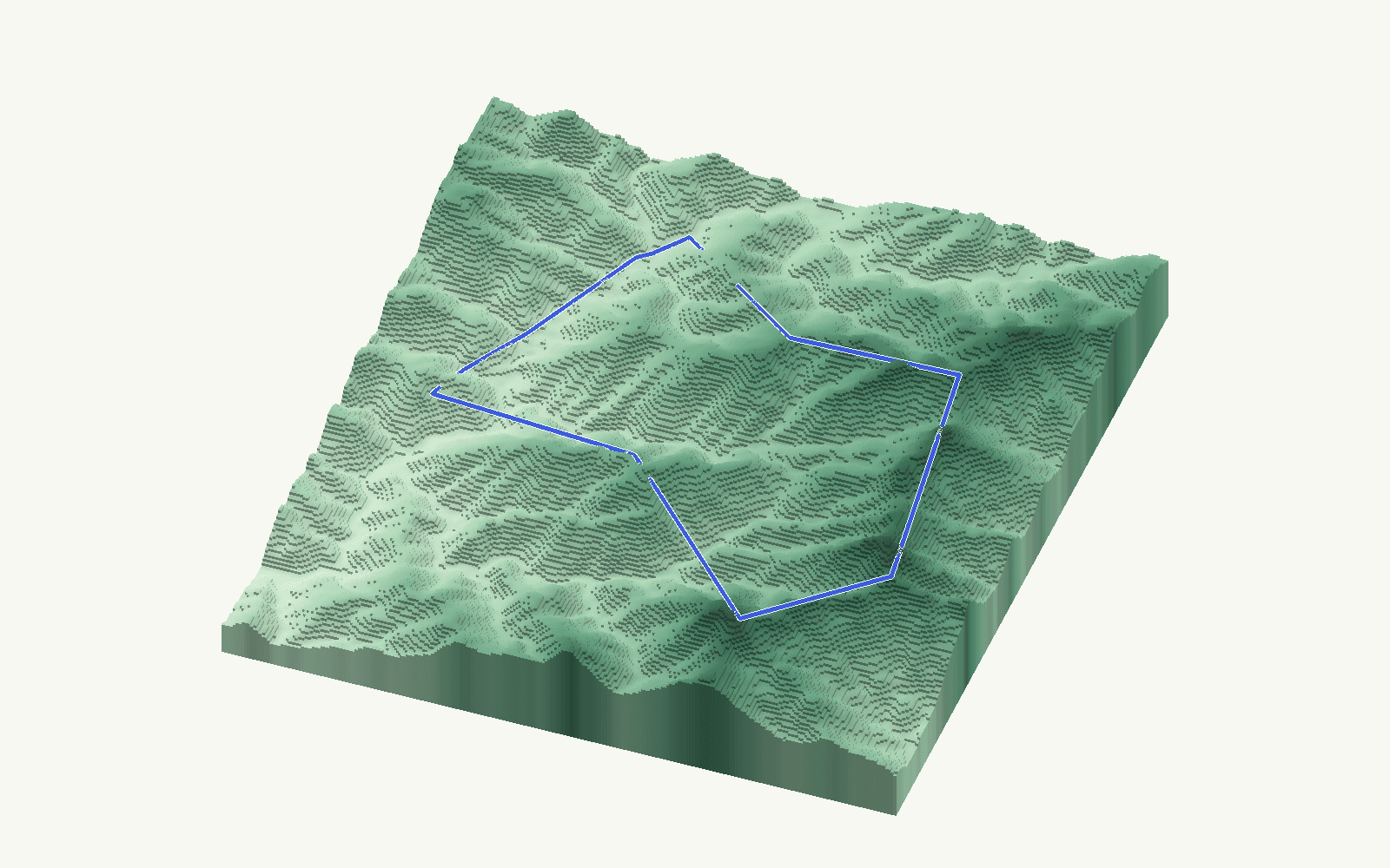 Jubrique rendered as a stacked-terrace terrain model from open elevation data, viewed from the south at 30 m steps, with the municipal boundary in cobalt