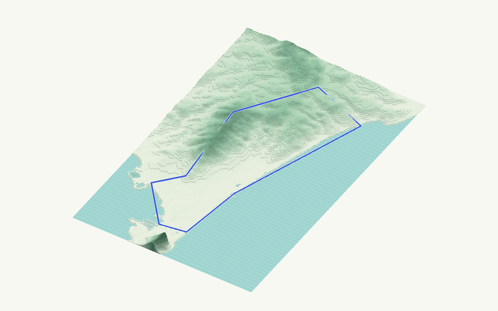 La Línea de la Concepción rendered as a stacked-terrace terrain model from open elevation data, viewed from the south-east at 10 m steps, with the municipal boundary in cobalt