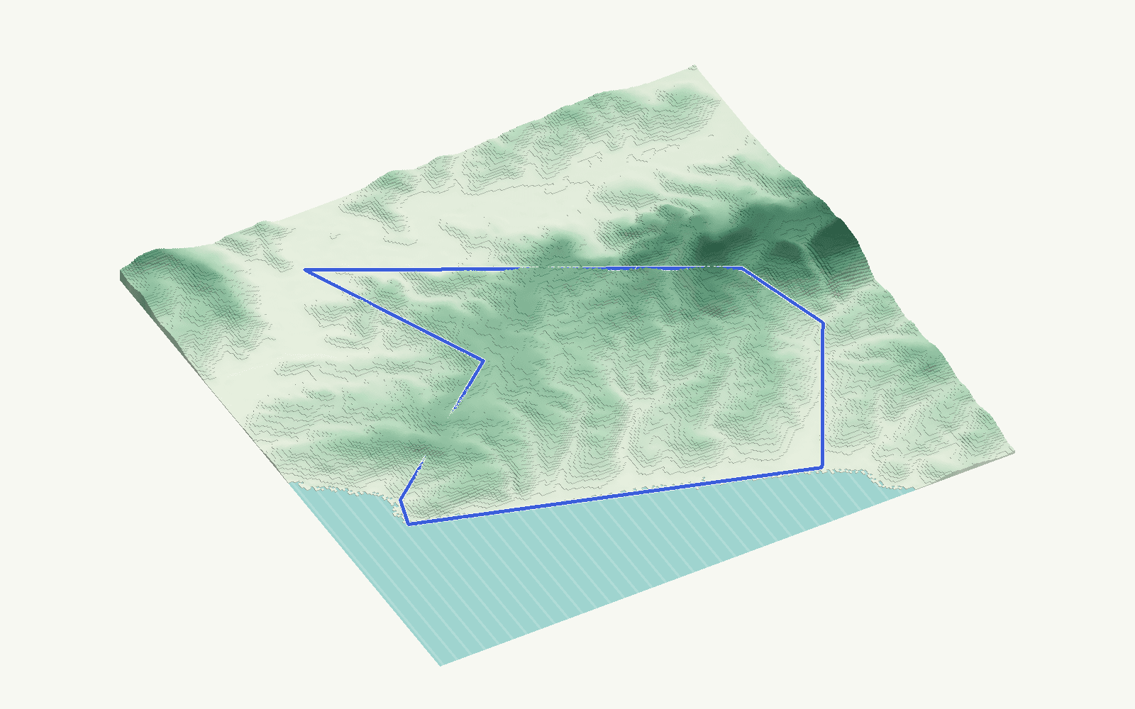 Manilva rendered as a stacked-terrace terrain model from open elevation data, viewed from the south-east at 10 m steps, with the municipal boundary in cobalt