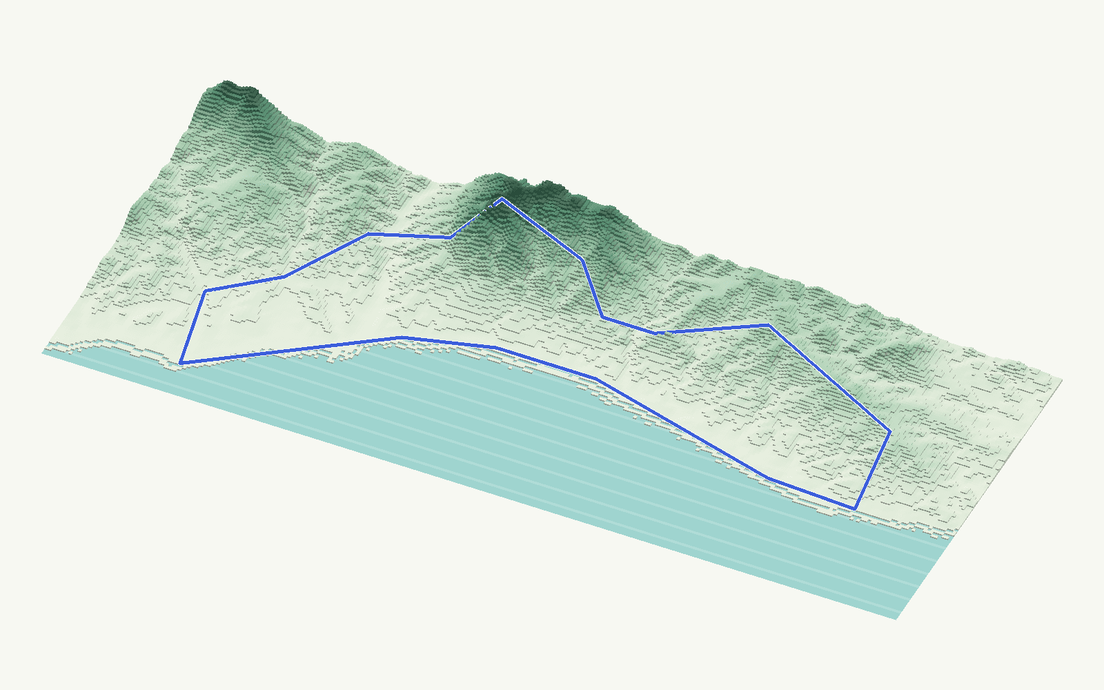 Marbella rendered as a stacked-terrace terrain model from open elevation data, viewed from the south-east at 30 m steps, with the municipal boundary in cobalt